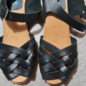 Swedish Hasbeens Black Leather Heels with Woven Design